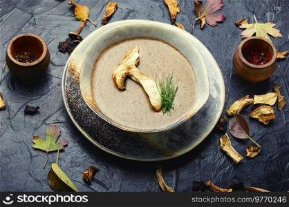 Homemade mushroom cream soup.Traditional lenten autumn soup. Dietetic mushroom soup