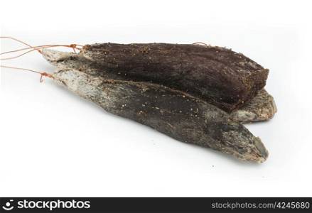 Homemade natural veal dried meat. White background