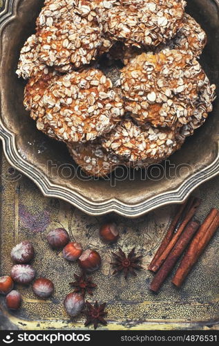 Homemade oatmeal cookies. oatmeal cookies on copper dish of homemade bakery