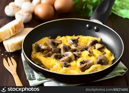 Homemade omelette with mushroom in frying pan with ingredients in the back, photographed with natural light (Selective Focus, Focus one third into the image). Omelette with Mushroom