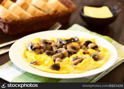 Homemade omelette with mushroomon on plate, bread basket and butter in the back, photographed with natural light (Selective Focus, Focus in the middle of the omelette). Omelette with Mushroom