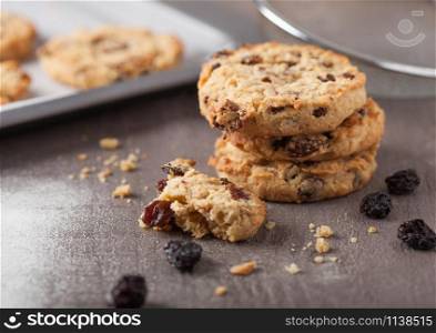 Homemade organic oatmeal cookies with raisins and apricots with baking tray on grey wood background.