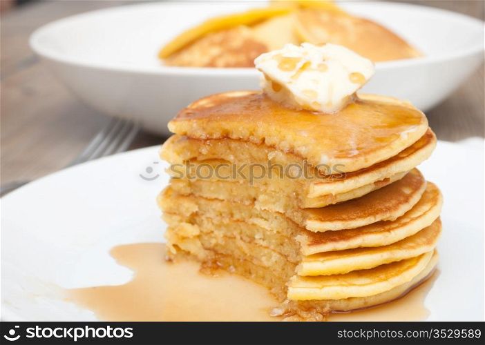 Homemade Pancakes With Butter and Warm Maple Syrup