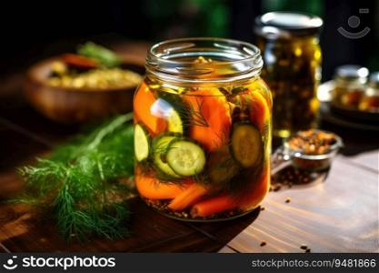 Homemade pickled cucumbers with carrots.