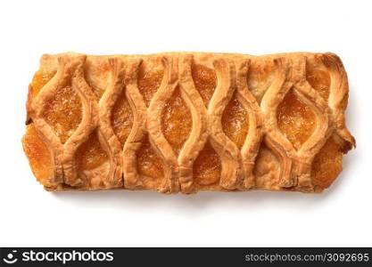 Homemade puff pastry sweet bun, filled with apricot jam, isolated on white background. Homemade puff pastry sweet bun