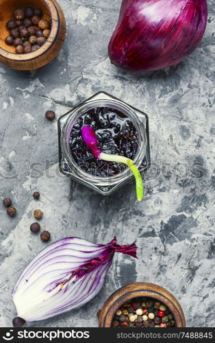 Homemade red onion jam.Onion confiture in jar. Onion jam or onion confiture