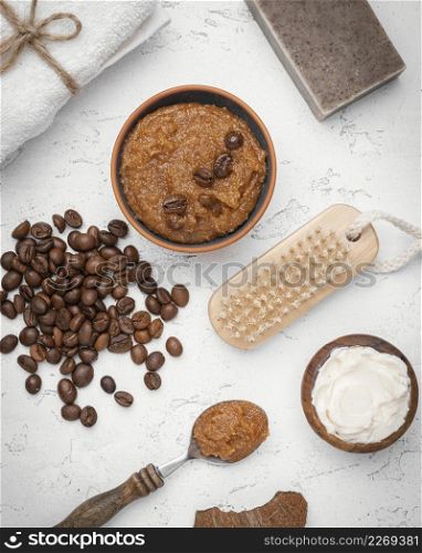 homemade remedy with coffee beans flat lay