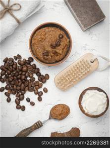 homemade remedy with coffee beans flat lay