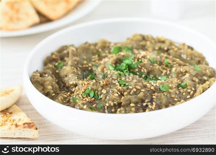 Homemade roasted eggplant dip or spread, baba ganoush in the Mediterranean cuisine, with olive oil, sesame and parsley on top, homemade sesame pita chips on the side, photographed with natural light (Selective Focus, Focus one third into the dip). Roasted Eggplant Dip or Spread with Pita Chips