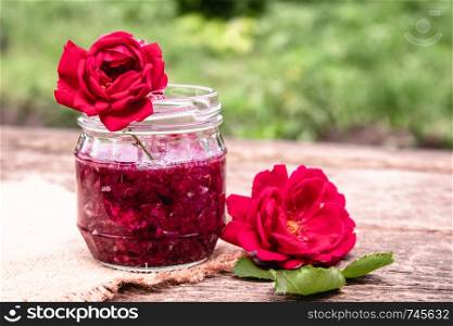 Homemade rose petal jam. Flower confiture. Healthy food. Copy space. Homemade rose petal jam. Flower confiture. Healthy food.
