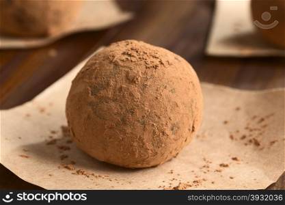 Homemade rum ball covered with cocoa powder on brown paper, photographed with natural light (Selective Focus, Focus on the front of the ball)