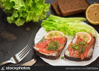 Homemade sandwich with salmon and rye bread , butter lemon, and lettuce for breakfast