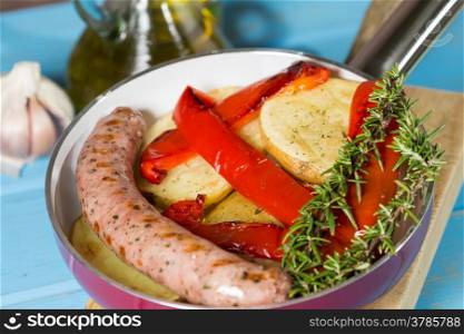 Homemade sausage with potatoes cooked pepper caliu
