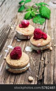 homemade shortbread with custard decorated with raspberries. fresh raspberry cookies