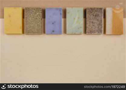 homemade soap blocks line copy space. High resolution photo. homemade soap blocks line copy space. High quality photo