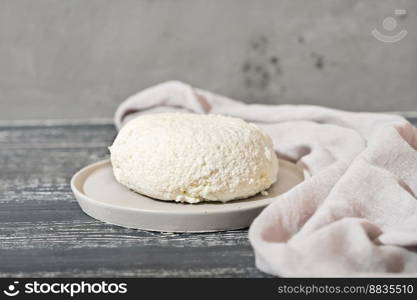 Homemade soft white cheese on wooden black background, Home cottage cheese making. goat milk cheese on grey cement plate. Homemade soft white cheese on wooden black background, Home cottage cheese making. goat milk cheese on grey cement plate. 