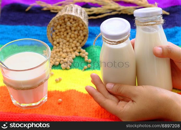 Homemade soymilk for breakfast drink, soya milk and soybean on colorful background, this beverage rich omega, protein, fibre, also delicious, nutrition, healthy drink
