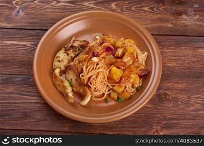 homemade spaghetti, chicken fillet zucchini