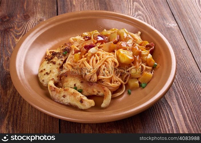 homemade spaghetti, chicken fillet zucchini