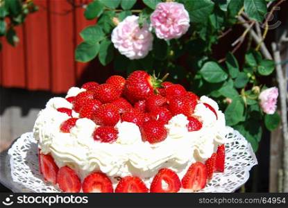 Homemade strawberry cake outdoors in a garden with pink roses