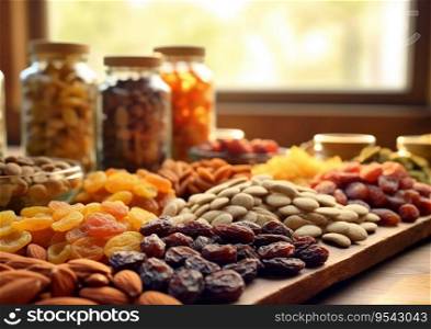 Homemade sweet dried fruits selection on table.AI Generative