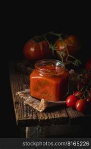 Homemade tomato sauce in a glass jar, tomatoes and herbs on its side. Dark rustic background. Homemade tomato sauce