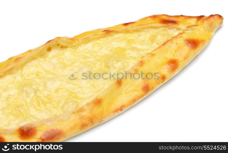 Homemade traditional Turkish meal pide stuffed with meat cheese, and sauce isolated on white background