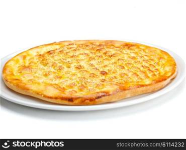 Homemade traditional Turkish meal pide stuffed with meat cheese, and sauce isolated on white background