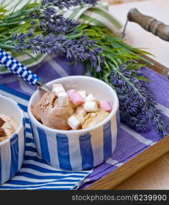 Homemade vanilla and chocolate ice cream with marshmallow, served in ceramic bowl on white wooden background.