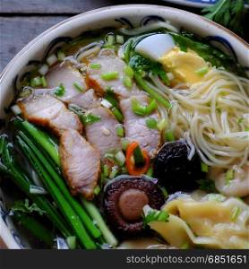 Homemade Vietnam food, egg noodle soup with wontons, colorful food ingredient for this eating as egg, pork, broth, shallot, bean sprout, agaric, vegetable