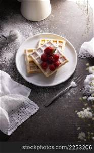 Homemade waffles with strawberries, raspberries and powdered sugar on white dish. Top view