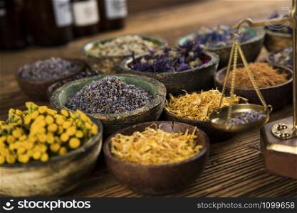Homeopathy, herbal medicine on wooden table