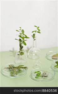 homeopathy medicine concept. wild herbs and plants in petri dishes and glassware. alternative medicine and naturopathy ingredients. homeopathy medicine concept. wild herbs and plants in petri dishes and glassware. alternative medicine and naturopathy ingredients. 