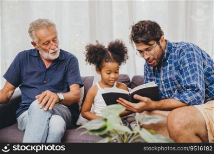 Homeschooling concept. father teaching child reading a book self education at home sofa living room.