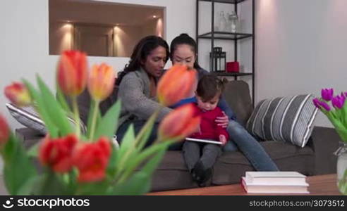 Homosexual couple, gay people, young lesbian women, same sex marriage relationship between Asian girls. Mother using ipad digital tablet with child and partner, mom with woman and baby