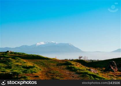 Honaz mountain view from Hierapolis ancient roman hitoric site Pamukkale, Denizili, Turkey