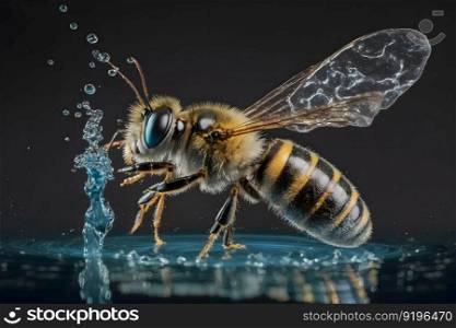 honey bee with water drops close-up. Neural network AI generated art. honey bee with water drops close-up. Neural network AI generated