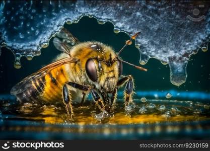 honey bee with water drops close-up. Neural network AI generated art. honey bee with water drops close-up. Neural network AI generated