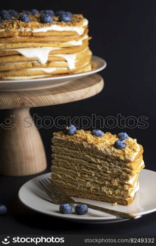 honey cake on black background with blueberry 