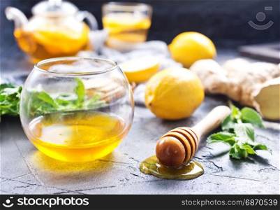 honey,fresh mint and lemons on a table