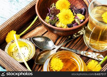 Honey from dandelion flowers. Honey from a blooming spring dandelion and cup of tea.Dandelion jam