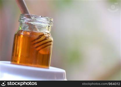 Honey healthy food / Close up of yellow sweet honey in jar with wooden dipper