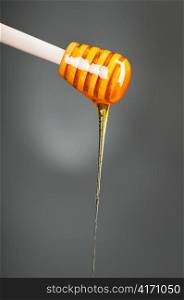 honey is dripping from the spoon, on gray background