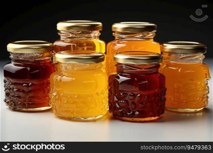 Honey of various types in glass jars. Generative AI