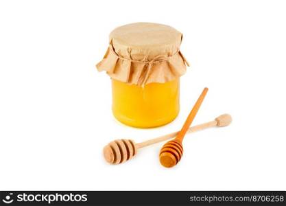 Honey pot and dipper isolated on white background as package design element.