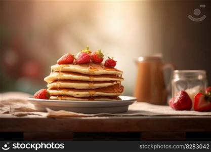 Honey strawberry pancakes. Butter dessert. Generate Ai. Honey strawberry pancakes. Generate Ai