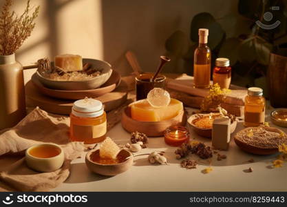 Honey-themed spa setting, highlighting the use of honey as a natural skincare ingredient, honey-infused products, face masks, body scrubs, moisturizers, on relaxation-focused backdrop. Generative AI