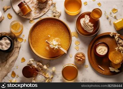 Honey-themed spa setting, highlighting the use of honey as a natural skincare ingredient, honey-infused products, face masks, body scrubs, moisturizers, on relaxation-focused backdrop. Generative AI