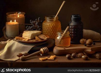 Honey-themed still life, showcasing a beautifully composed arrangement of honey related items, such as a jar of honey, a wooden honey dipper, a beeswax candle, and a delicate honeycomb. Generative AI