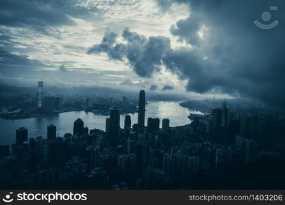 Hong Kong - April 25, 2020: Panorama of Victoria Harbor of Hong Kong city, cityscape with skyscraper